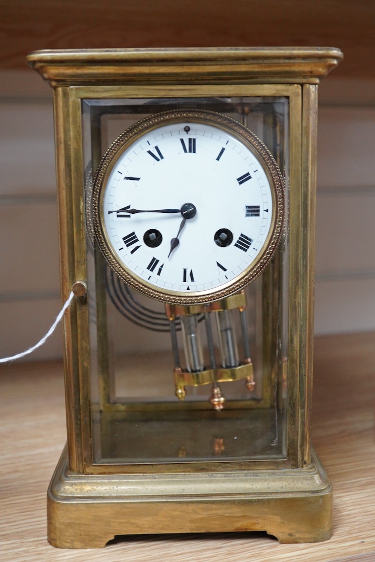 A late 19th century French brass four glass mantel clock, 25.5cm high